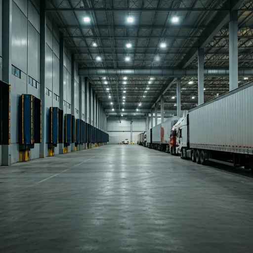 Massive logistics warehouse hub at dusk